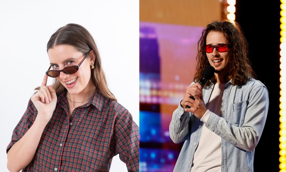 portrait of people side by side - one woman wearing sun glasses and one man long hair with red sunglasses