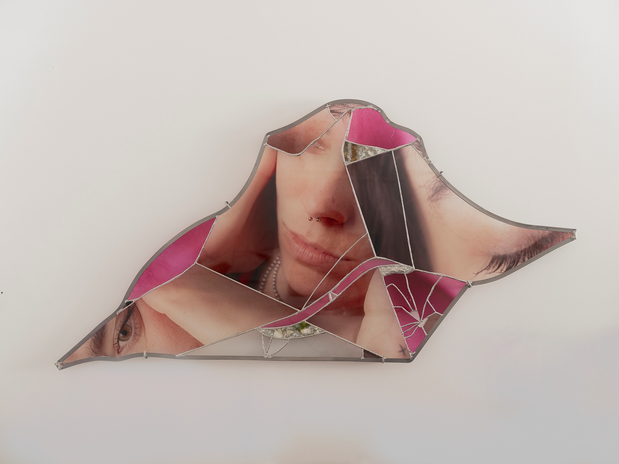 Edge State, 2024,  uv print on glass, solder, copper, stainless steel, varnish  62" x 32" x 2"  unique