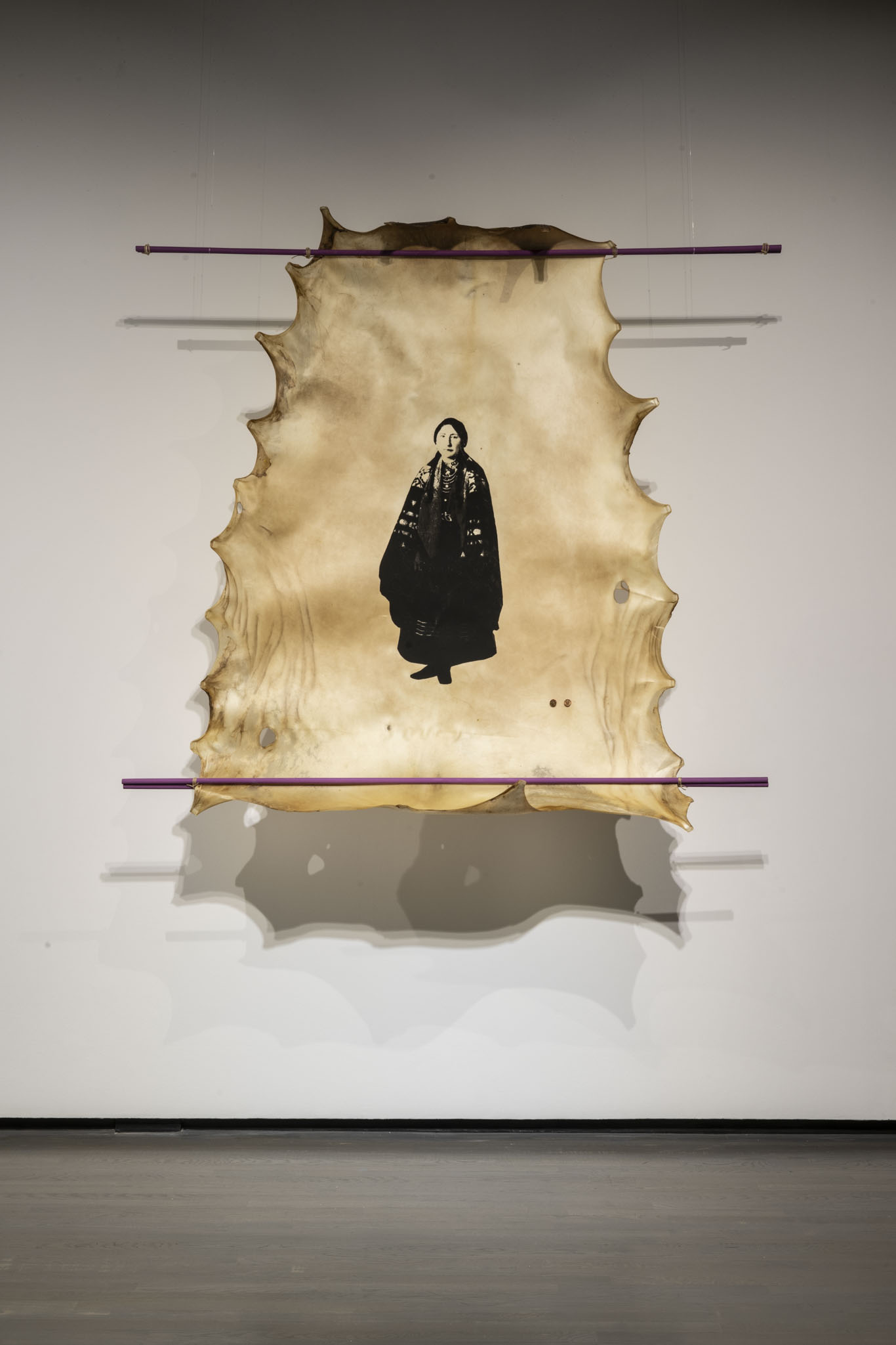 Installation view of Elliptical Lineages, Walter Phillips Gallery, Banff Centre for Arts and Creativity, 2025. tīná gúyáńí, nadisha-hi at’a (I am going home), 2023, courtesy of the artists. Photo: Rita Taylor.