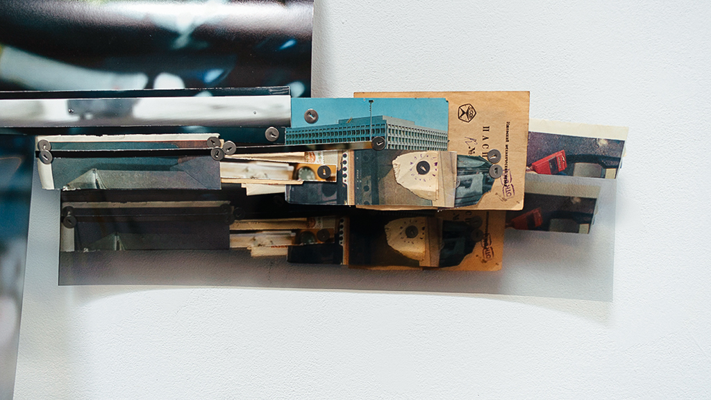 Artwork by Sasha Opeiko, detail of "Obraz, Obrez, Ostatok," 2020, Soviet-era objects and materials, inkjet prints on pap