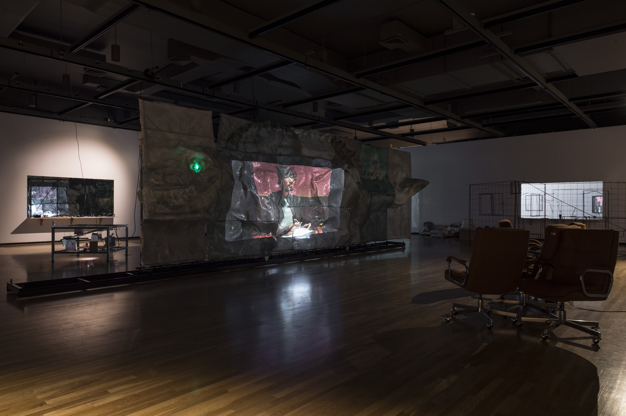 Neïl Beloufa, installation view of "Counting on People" (2014). Walter Phillips Gallery, The Banff Centre. Photo Rita Ta