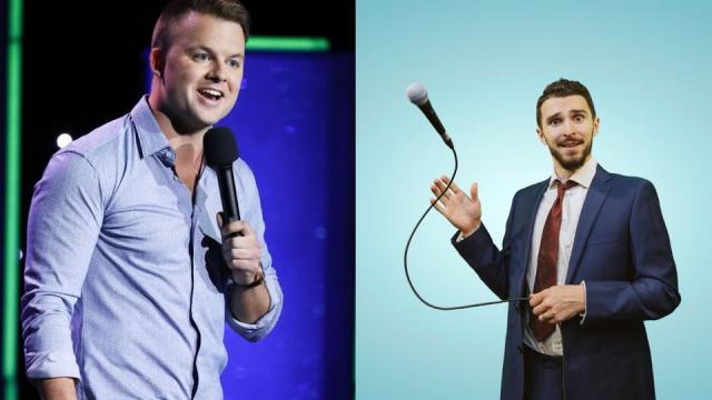 Side-by-side images of two stand-up comedians holding microphones while performing, one on stage and the other posing in a suit against a light blue background.