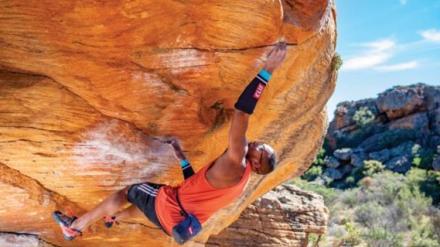 Kai Lightner bouldering in South Africa. Photo by Shane Messer