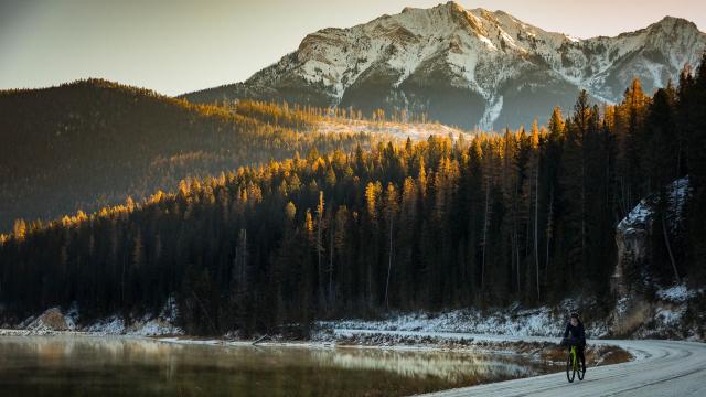 A woman is biking on a mountain road in fall.