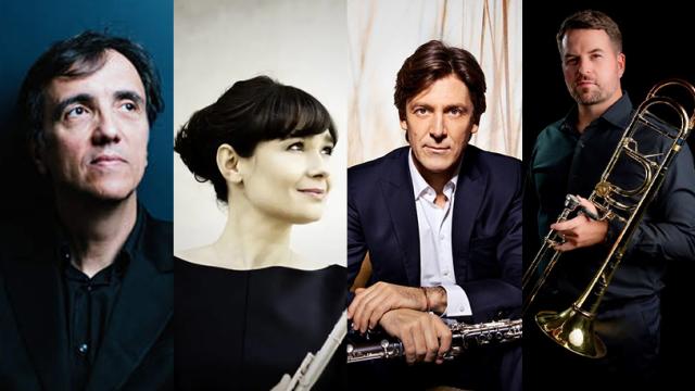 Headshots of Left to right: Éric Le Sage, photo by Nicolas Guerin. Magali Mosnier, photo courtesy of the artist.  Paul Meyer, photo by Edith Held Vandoren. Lee Allen, photo courtesy of the artist.