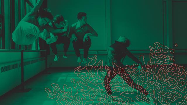 Topography graphic overlay on a picture of 4 dancers.