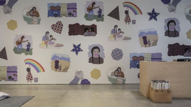 Installation view of Elliptical Lineages, Walter Phillips Gallery, Banff Centre for Arts and Creativity, 2025. Hali Heavy Shield, Naaahsa is an Artist!, 2023, revised as installation, 2025, courtesy of the artist. Photo: Rita Taylor.