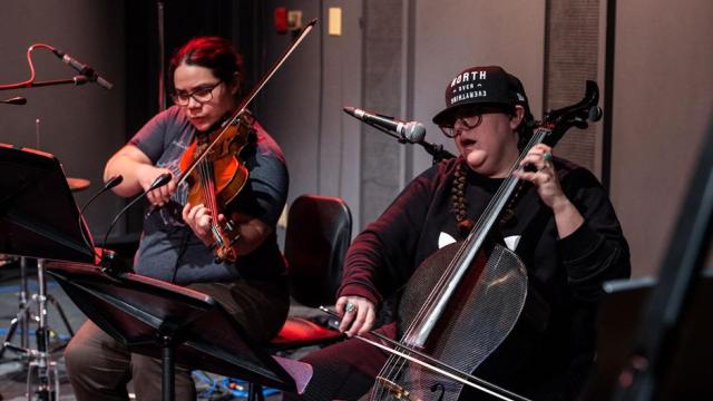 Melody McKiver, violist/percussionist/composer; Cris Derksen, composer/cellist,  Canadian Indigenous Classical Music Gat