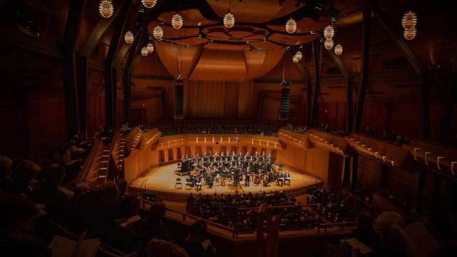 Luminous voices choir performs in a beautifully finished large dome shaped wood auditorium.