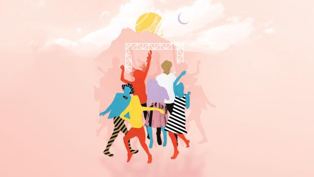 Bright graphic of people dancing under the summer sun.
