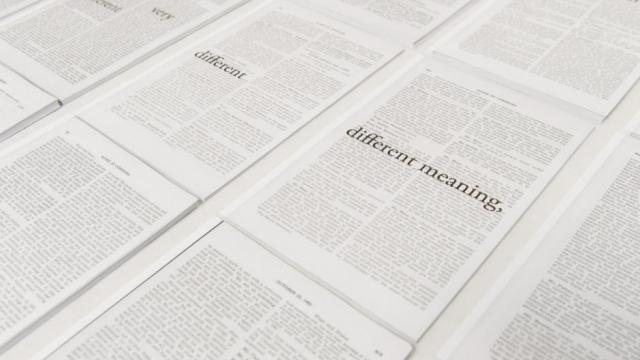 Neatly organized pages full of text fill the screen, some display larger font words including "different meaning"