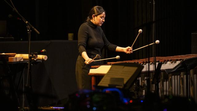 woman playing instruments on a stage