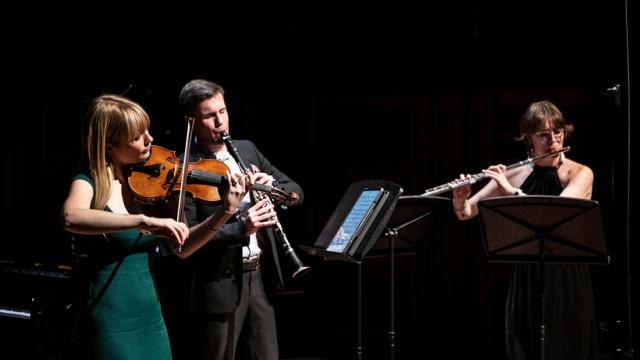 Interplay Trio: Alex Huyghebaert (flute), Ehrentraud Moser (violin), Simon Proulx (clarinet). Photo by Rita Taylor.