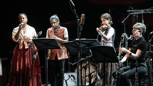 Nicholas Dourado (soprano saxophone), tUkU matthews (voice), Olivia Jones (clarinet), Myrsini Bekakou (violin) at Jazz & Sonic Arts 2024. Photo by Rita Taylor. 