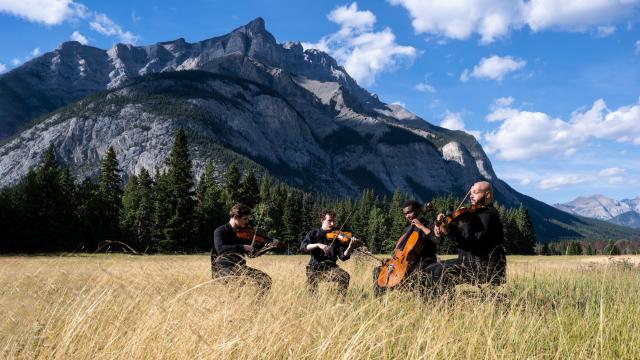 Group of musicians playing in field with a mountain in the background