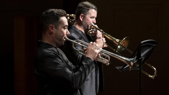 Interplay Chamber Music Concert, 2024. Joel Brennan (Trumpet) and Lee Allen (Trombone). Photo by Abigaile Edwards.