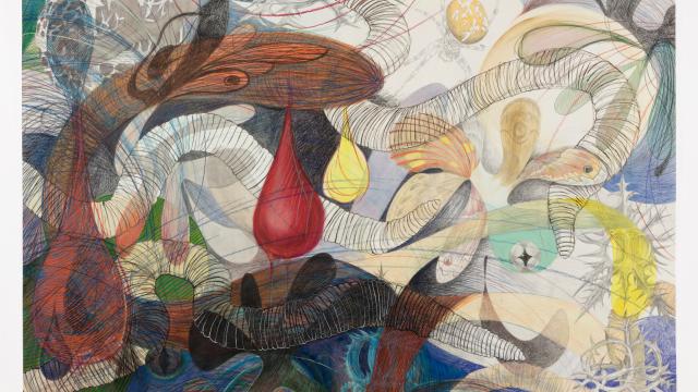 Artwork by Sarah Davidson. Trickledown. Watercolour, ink, pencil crayon, gouache, pencil and pastel on paper, 33 x 49 in