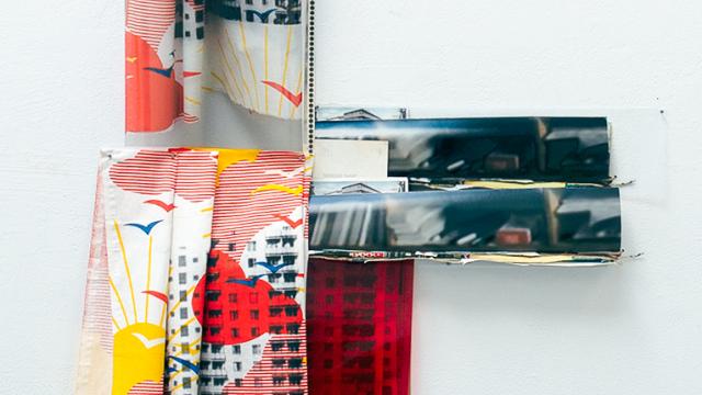 Artwork by Sasha Opeiko: "Obraz, Obrez, Ostatok," Soviet-era objects and materials, inkjet prints on paper and clear fil