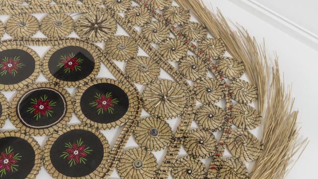 Rebecca Baird, Detail of "MEMORY CLAIM #1" (1995). Sweet grass, hide, porcupine quills, seed beads and abalone buttons, 