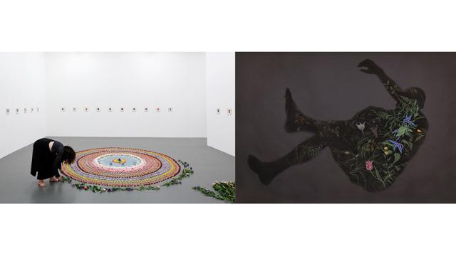 Artwork on left by Chrysanne Stathacos, and artwork on right by Zachari Logan