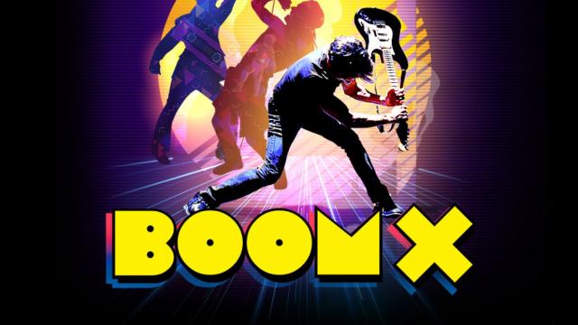 Colorful, psychedelic deisng of a man throwing is guitar on the floor for performance BOOM X 