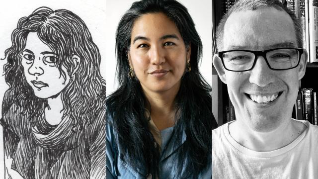 An illustration of Gabrielle Bell, headshot of Jillian Tamaki, and headshot of Jesse Lonergan